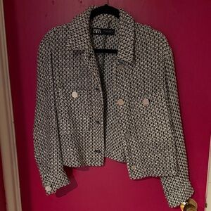 Zara Black and White Tweed Cropped Blazer